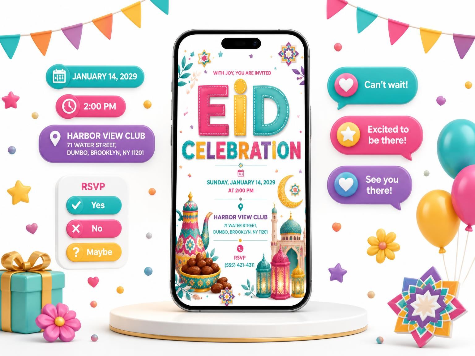 The Dallah Coffee Eid Celebration Invitation invitation on a phone, with guest RSVPs arriving around it