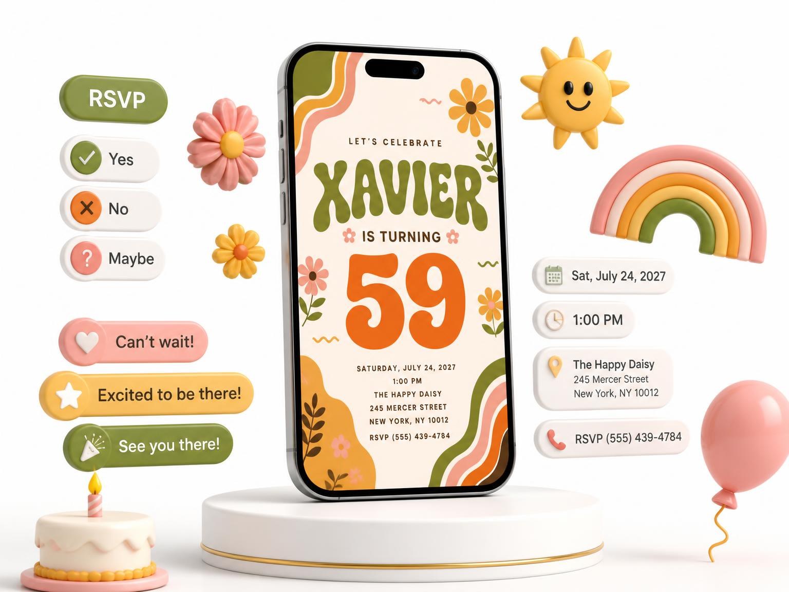The Groovy Retro 59th Birthday Invitation invitation on a phone, with guest RSVPs arriving around it