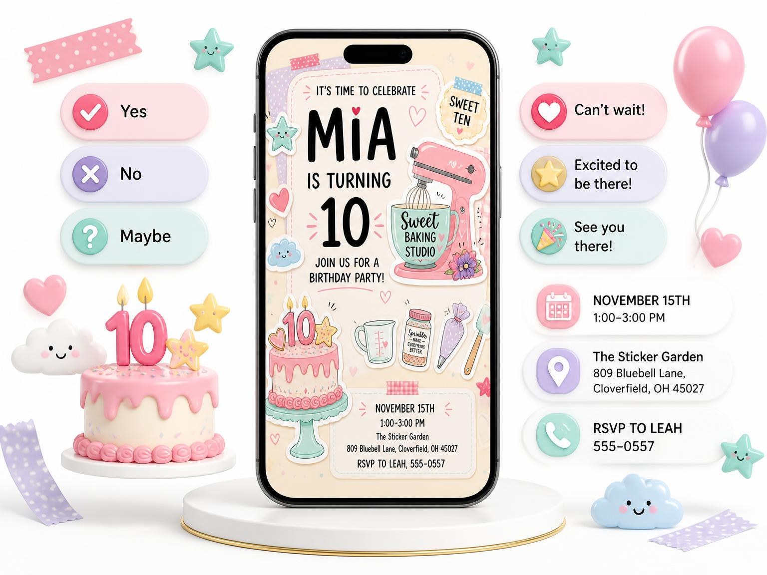 The Stand Mixer Pastel 10th Birthday Invitation invitation on a phone, with guest RSVPs arriving around it