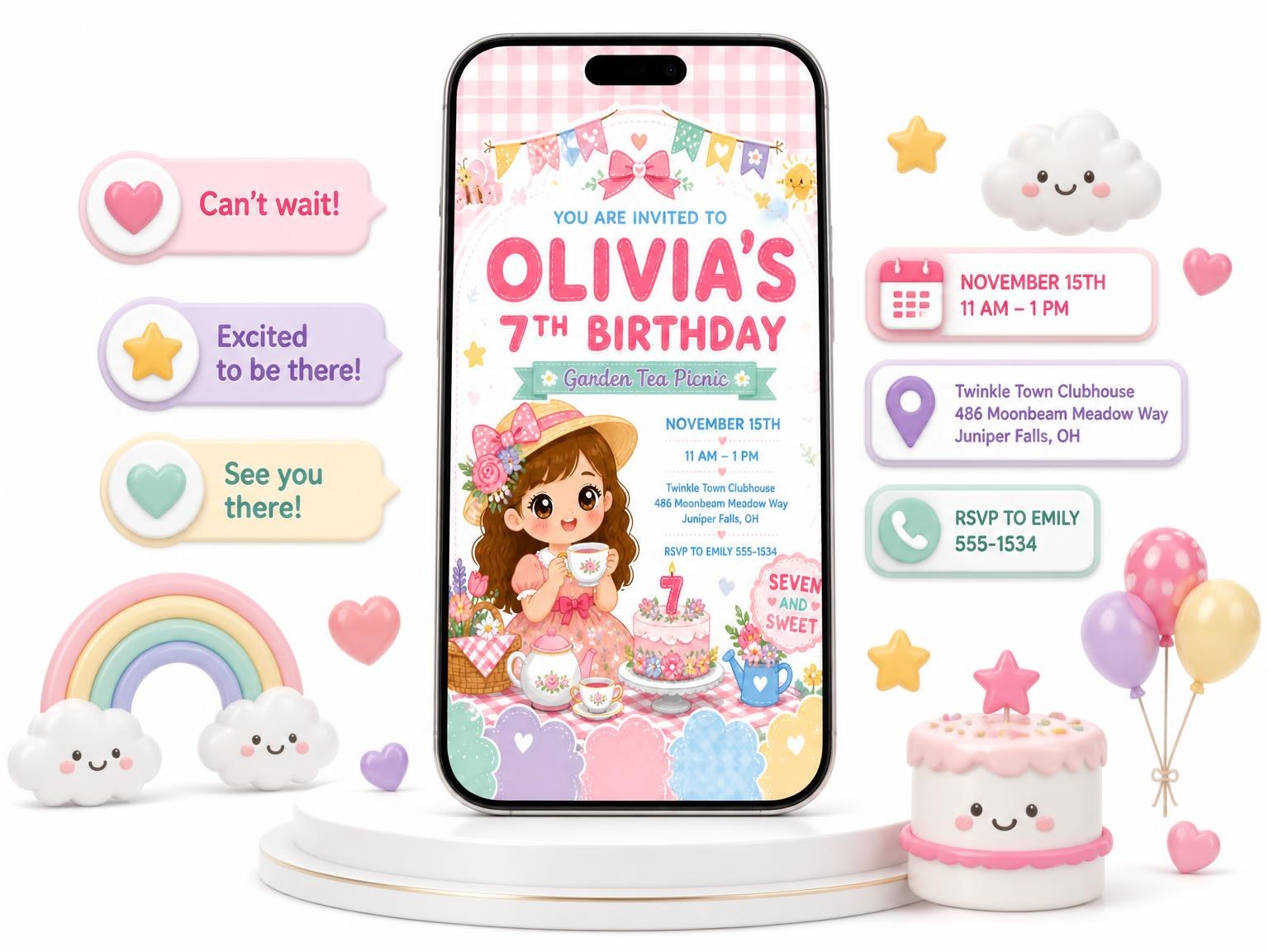 The Garden Tea Party 7th Birthday Invitation invitation on a phone, with guest RSVPs arriving around it