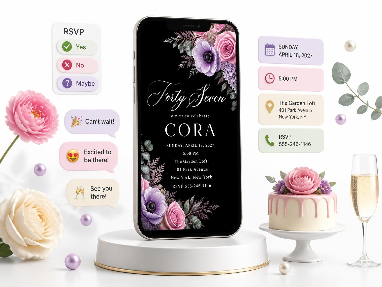 The Black Floral 47th Birthday Invitation invitation on a phone, with guest RSVPs arriving around it