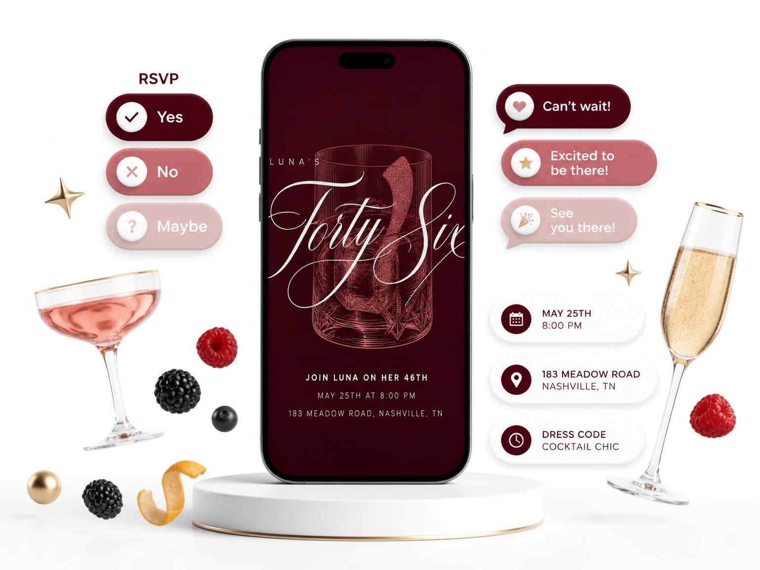 The Burgundy Cocktail 46th Birthday Invitation invitation on a phone, with guest RSVPs arriving around it