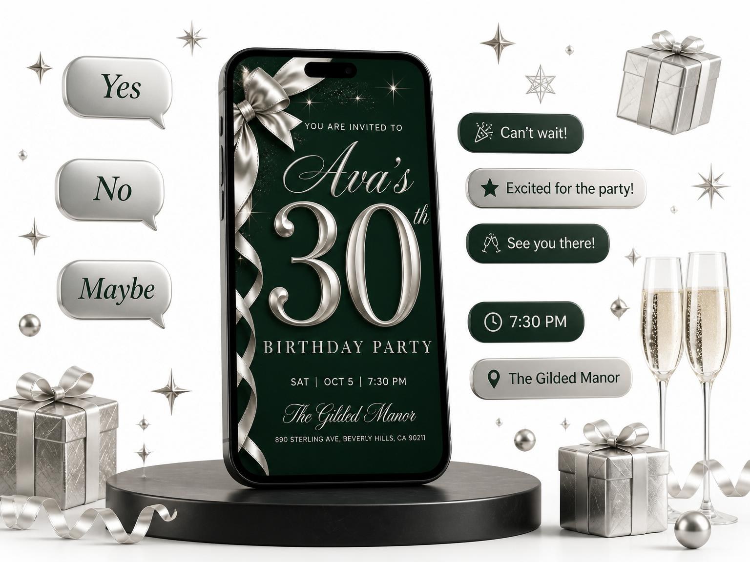 The Silver Ribbon Forest Green 30th Birthday invitation on a phone, with guest RSVPs arriving around it