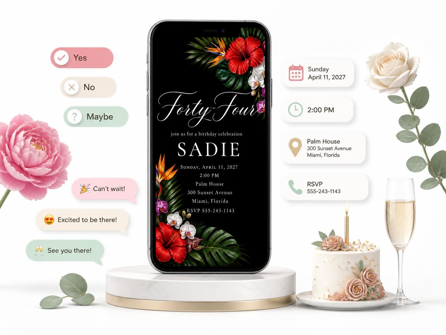 The Black Floral 44th Birthday Invitation invitation on a phone, with guest RSVPs arriving around it