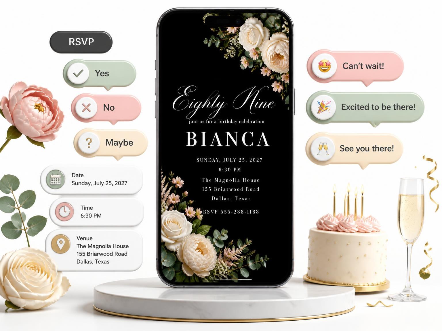 The Black Floral 89th Birthday Invitation invitation on a phone, with guest RSVPs arriving around it