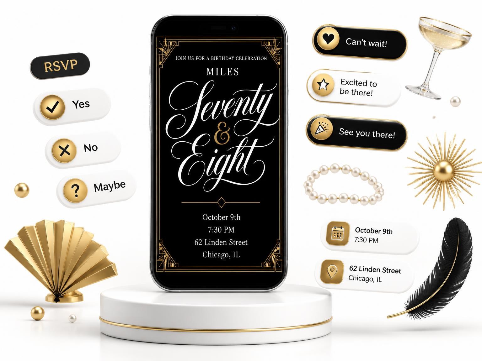 The Art Deco 78th Birthday Invitation invitation on a phone, with guest RSVPs arriving around it