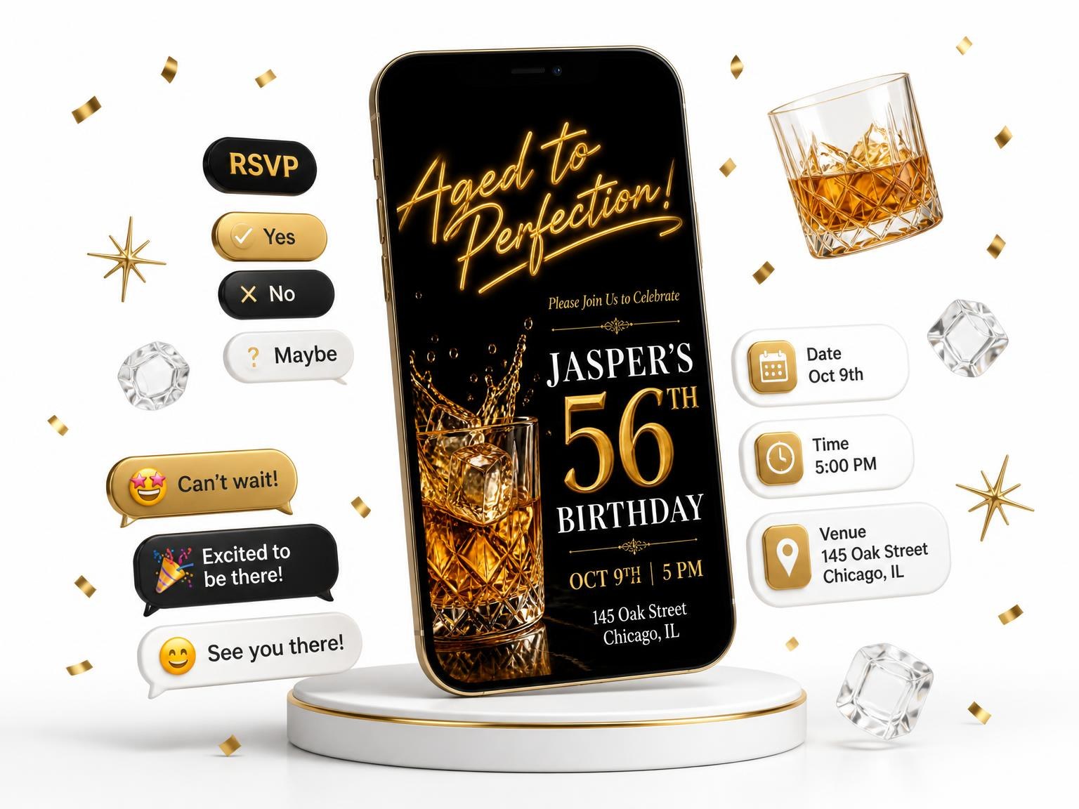 The Whiskey Tumbler 56th Birthday Invitation invitation on a phone, with guest RSVPs arriving around it