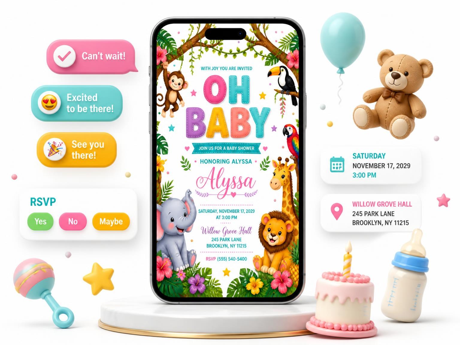 The Jungle Tree Baby Shower Invitation invitation on a phone, with guest RSVPs arriving around it