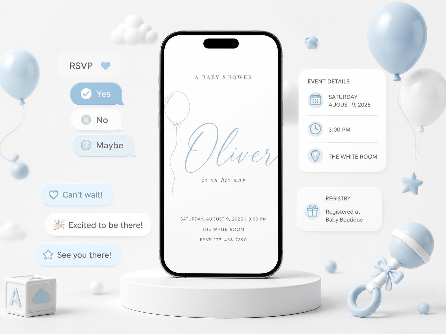 The Dusty Blue Line-Art Balloon Shower invitation on a phone, with guest RSVPs arriving around it