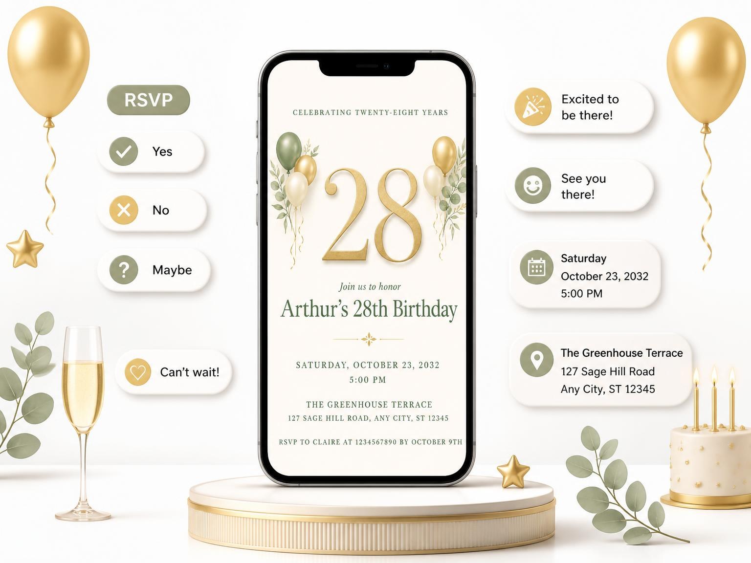 The Sage and Ivory 28th Birthday Invitation invitation on a phone, with guest RSVPs arriving around it