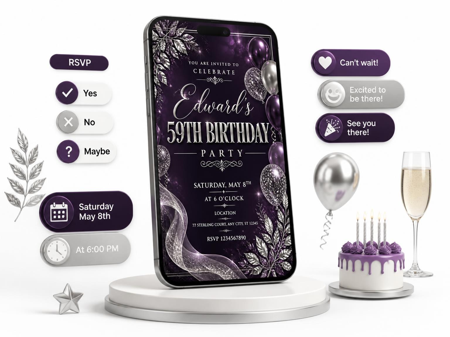 The Plum and Silver 59th Birthday Invitation invitation on a phone, with guest RSVPs arriving around it