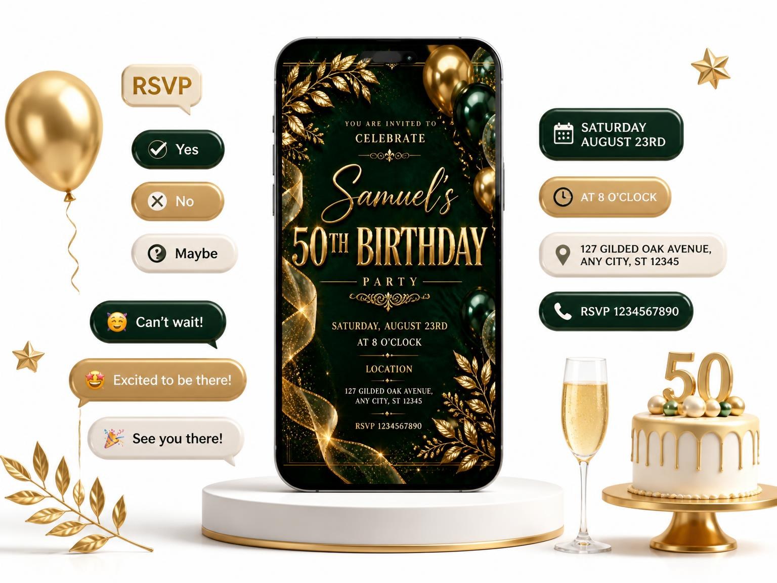 The Emerald and Champagne 50th Birthday Invitation invitation on a phone, with guest RSVPs arriving around it