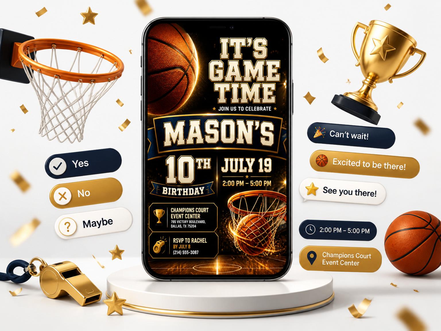 The Championship Court Basketball Birthday Invitation invitation on a phone, with guest RSVPs arriving around it