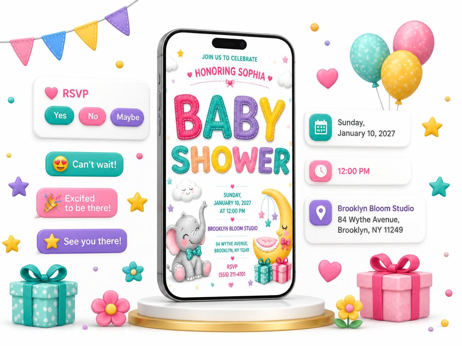 The Baby Elephant Baby Shower Invitation invitation on a phone, with guest RSVPs arriving around it