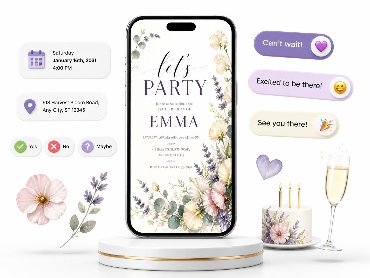 The Botanical Garden Ivory 25th Birthday Invitation invitation on a phone, with guest RSVPs arriving around it