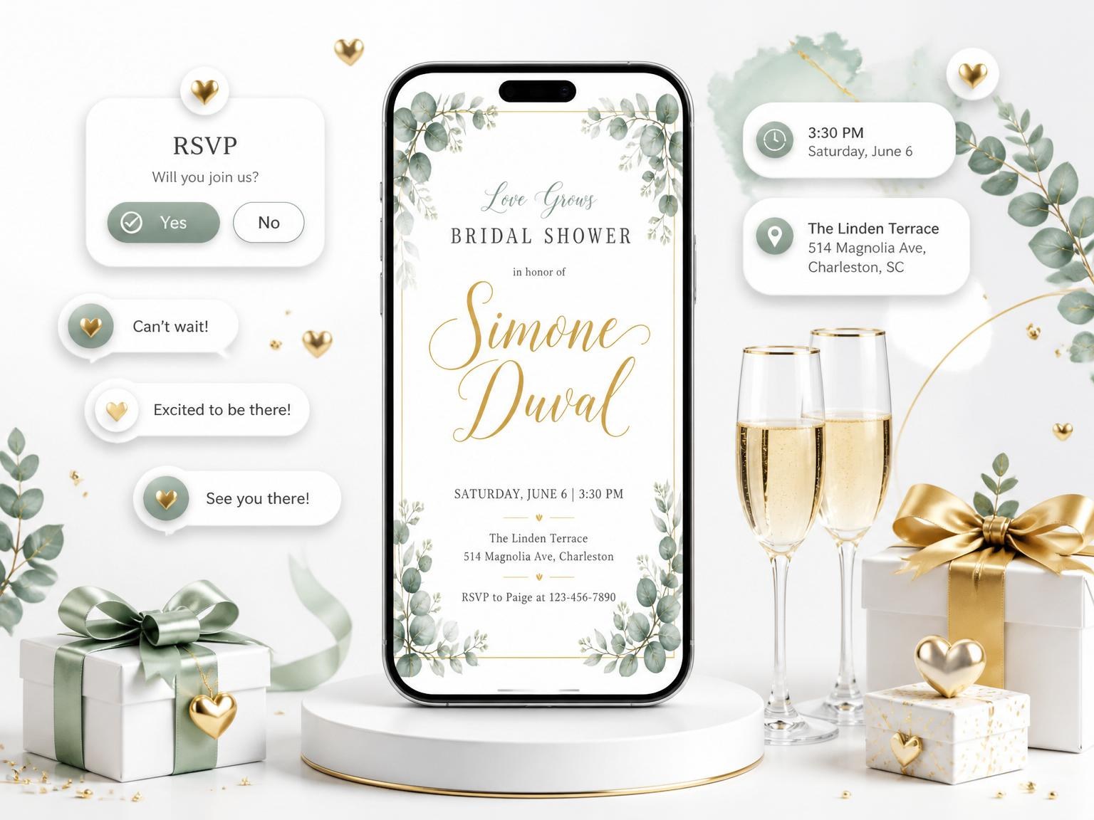 The Watercolor Eucalyptus Gold Bridal Shower invitation on a phone, with guest RSVPs arriving around it