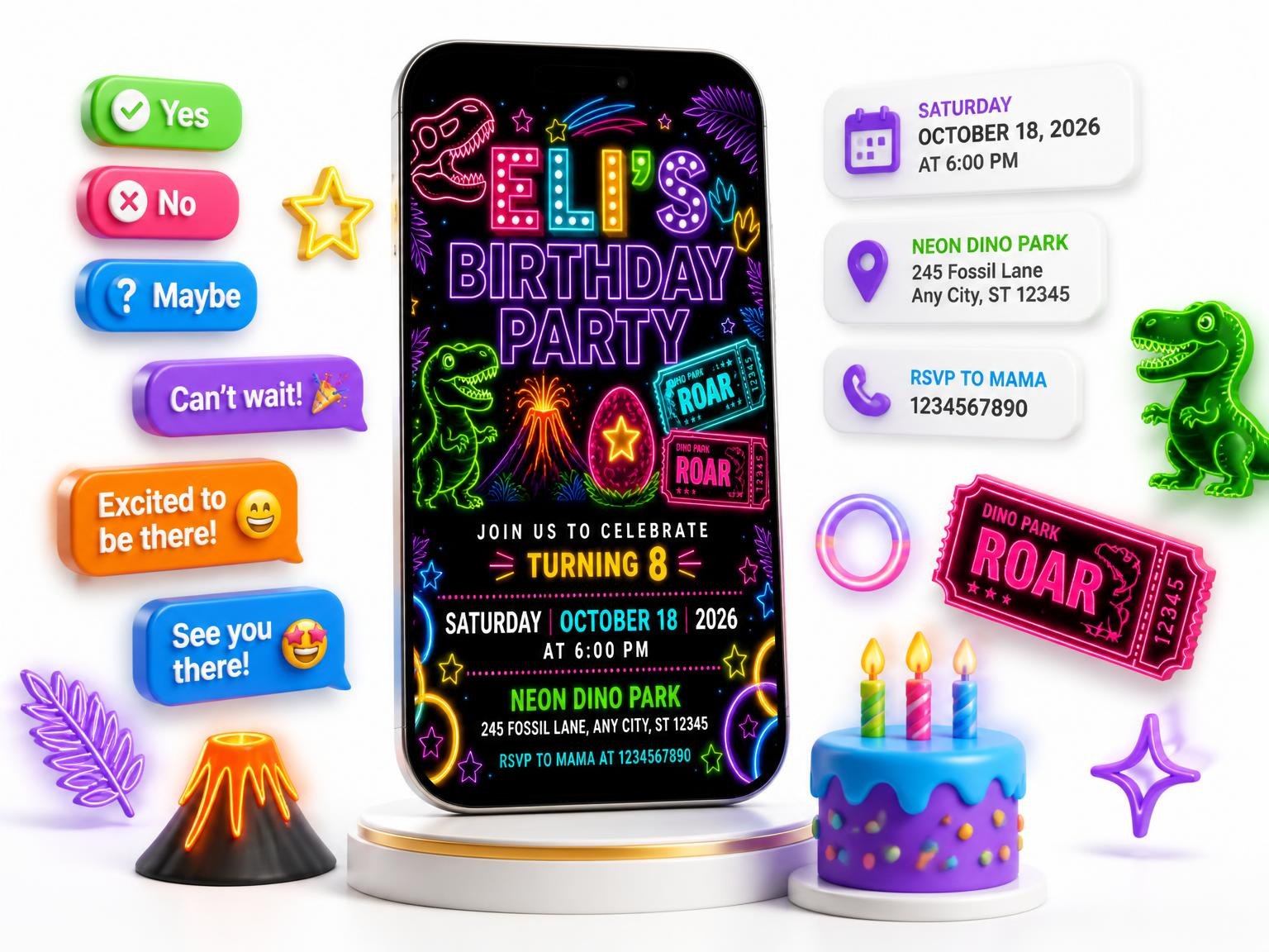 The Neon Dinosaur 8th Birthday Invitation invitation on a phone, with guest RSVPs arriving around it