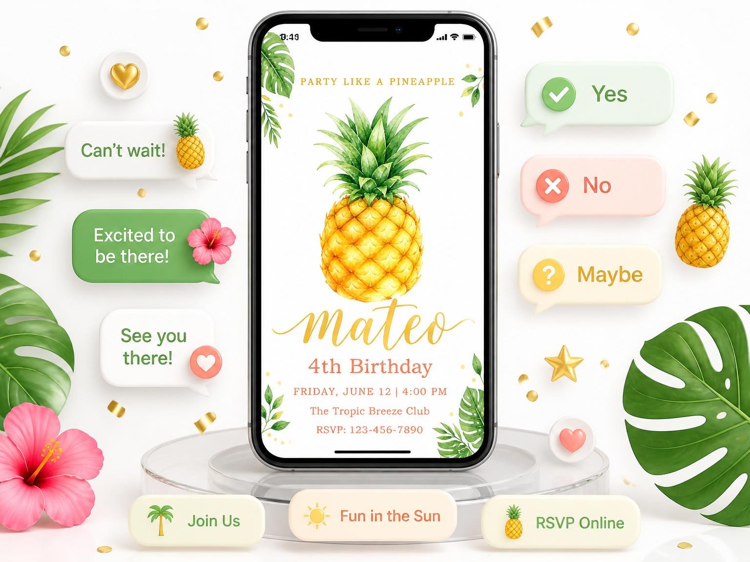 The Watercolor Pineapple Tropical 4th Birthday Invitation invitation on a phone, with guest RSVPs arriving around it
