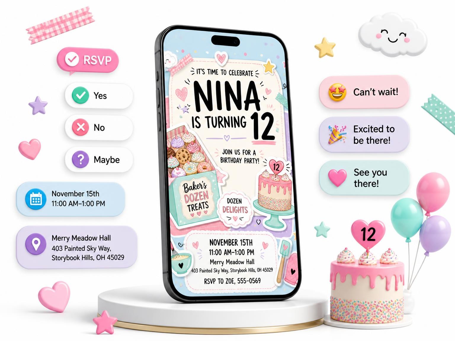 The Treat Box Pastel 12th Birthday Invitation invitation on a phone, with guest RSVPs arriving around it