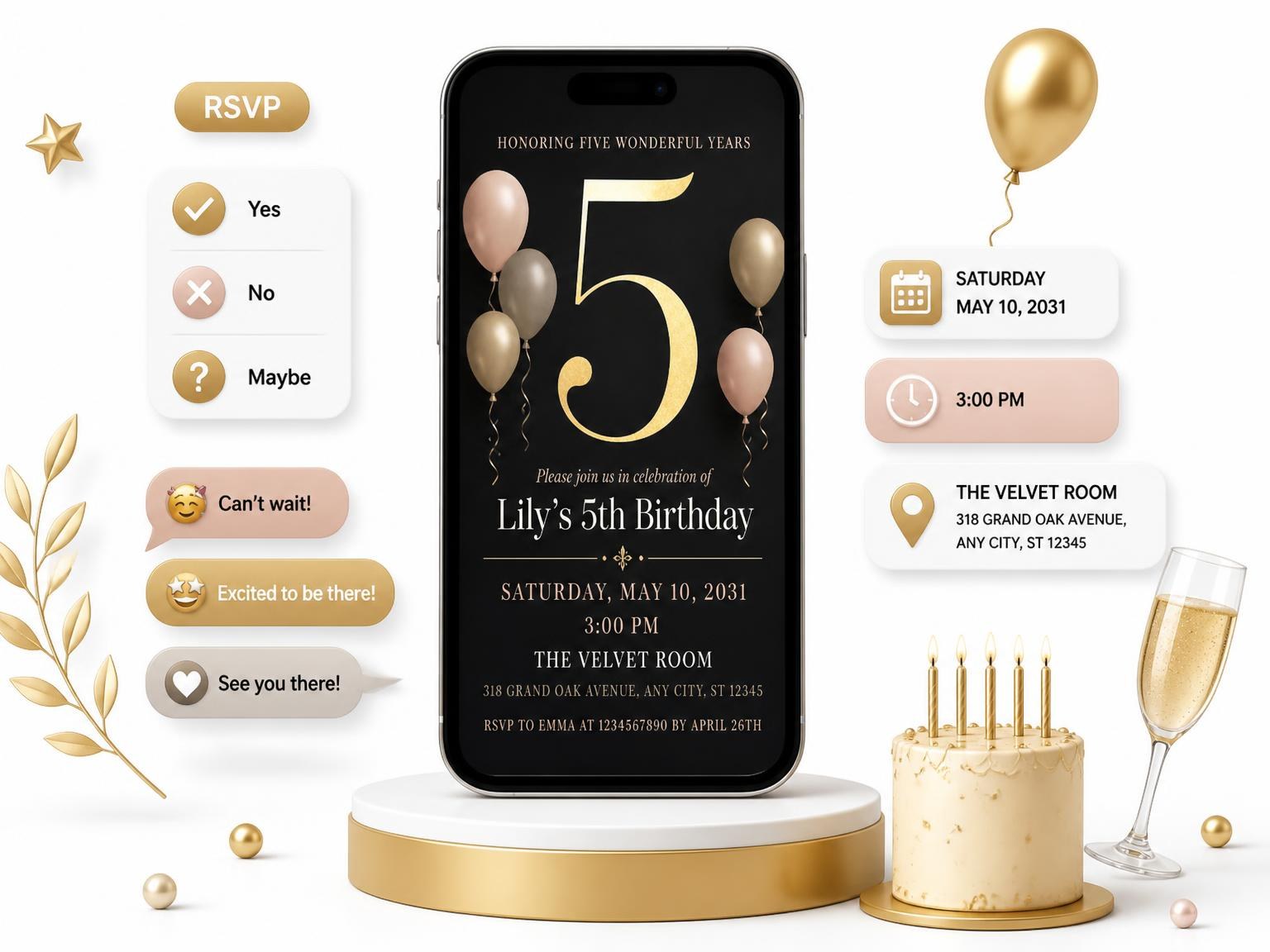The Charcoal and Blush 5th Birthday Invitation invitation on a phone, with guest RSVPs arriving around it