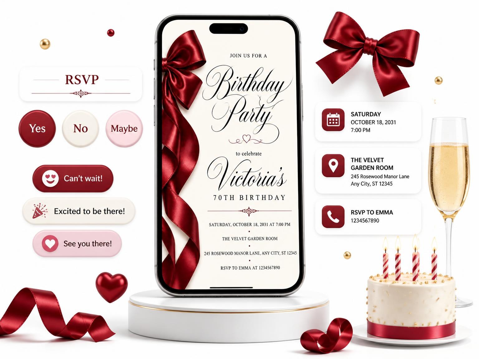 The Burgundy Satin Bow 70th Birthday Invitation invitation on a phone, with guest RSVPs arriving around it