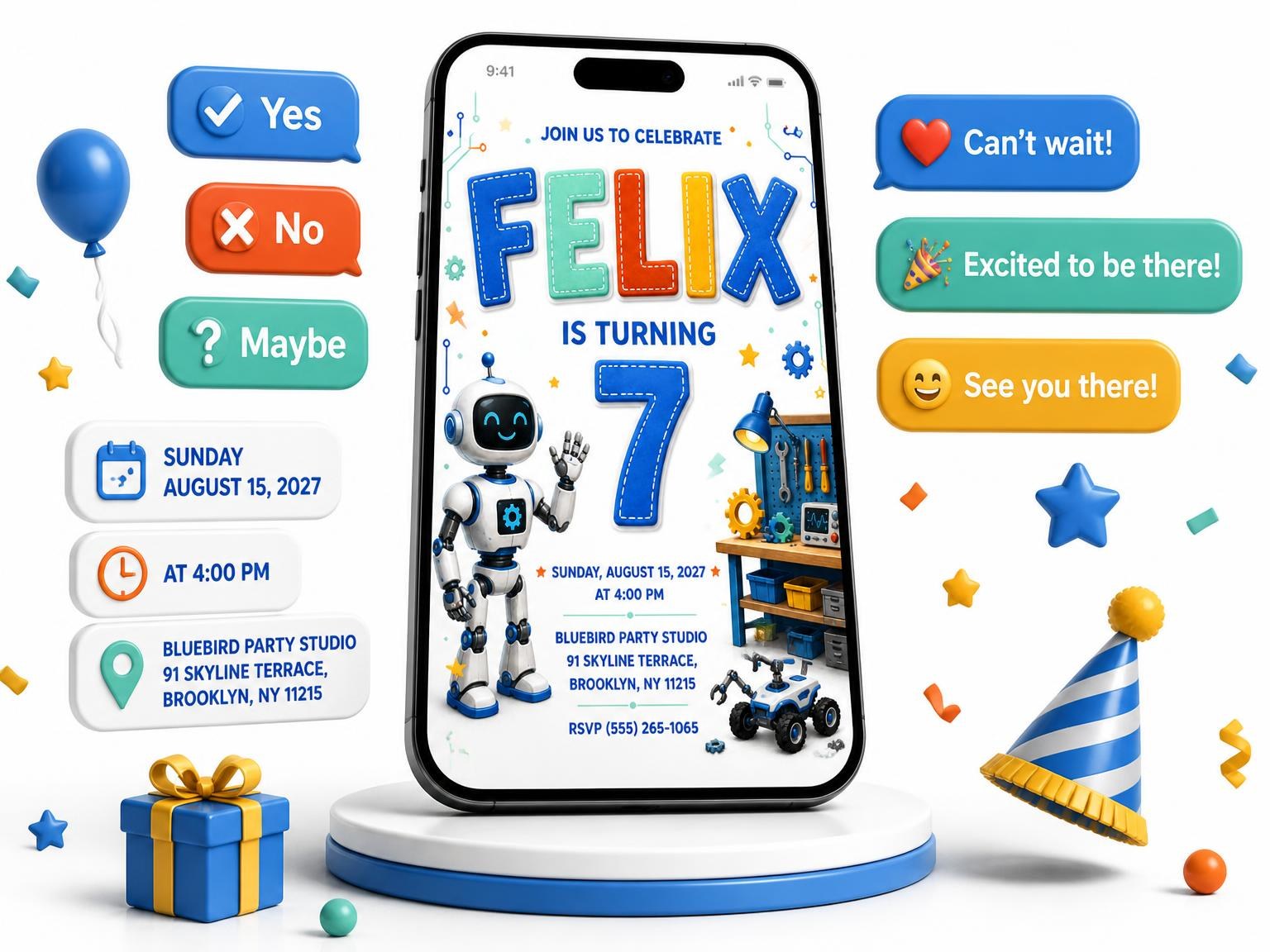 The Maker Workbench 7th Birthday Invitation invitation on a phone, with guest RSVPs arriving around it