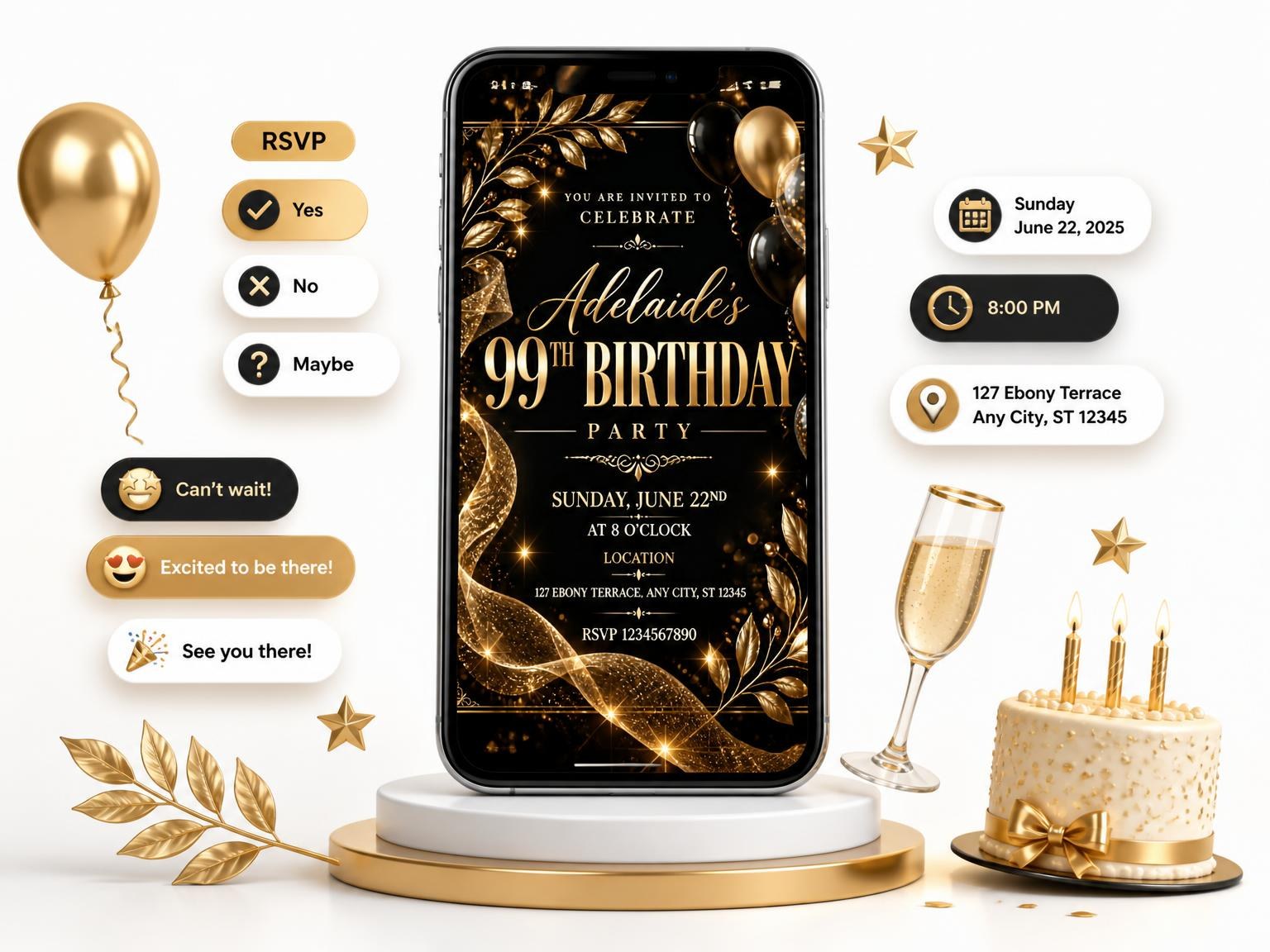 The Black and Gold 99th Birthday Invitation invitation on a phone, with guest RSVPs arriving around it