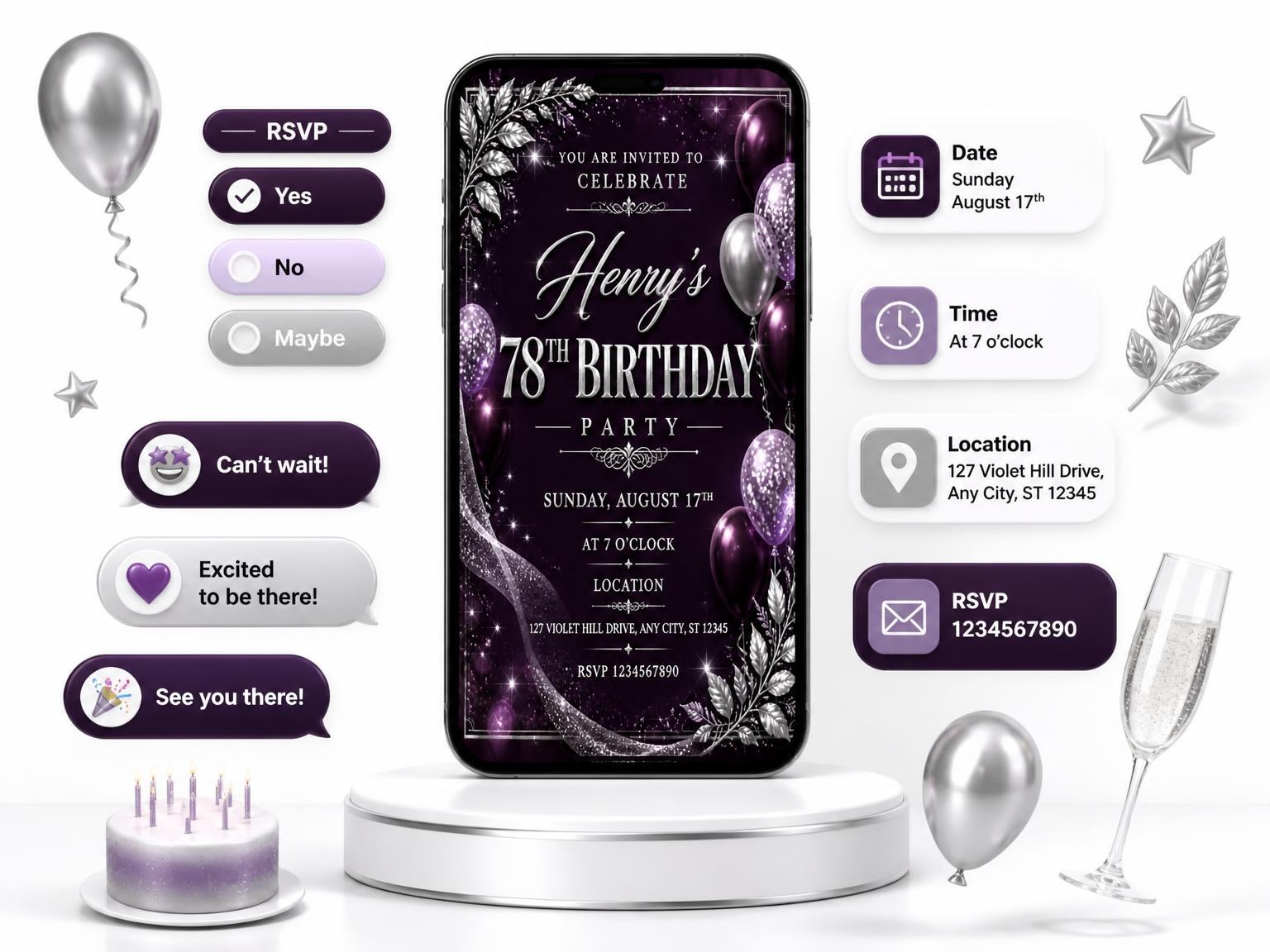 The Plum and Silver 78th Birthday Invitation invitation on a phone, with guest RSVPs arriving around it