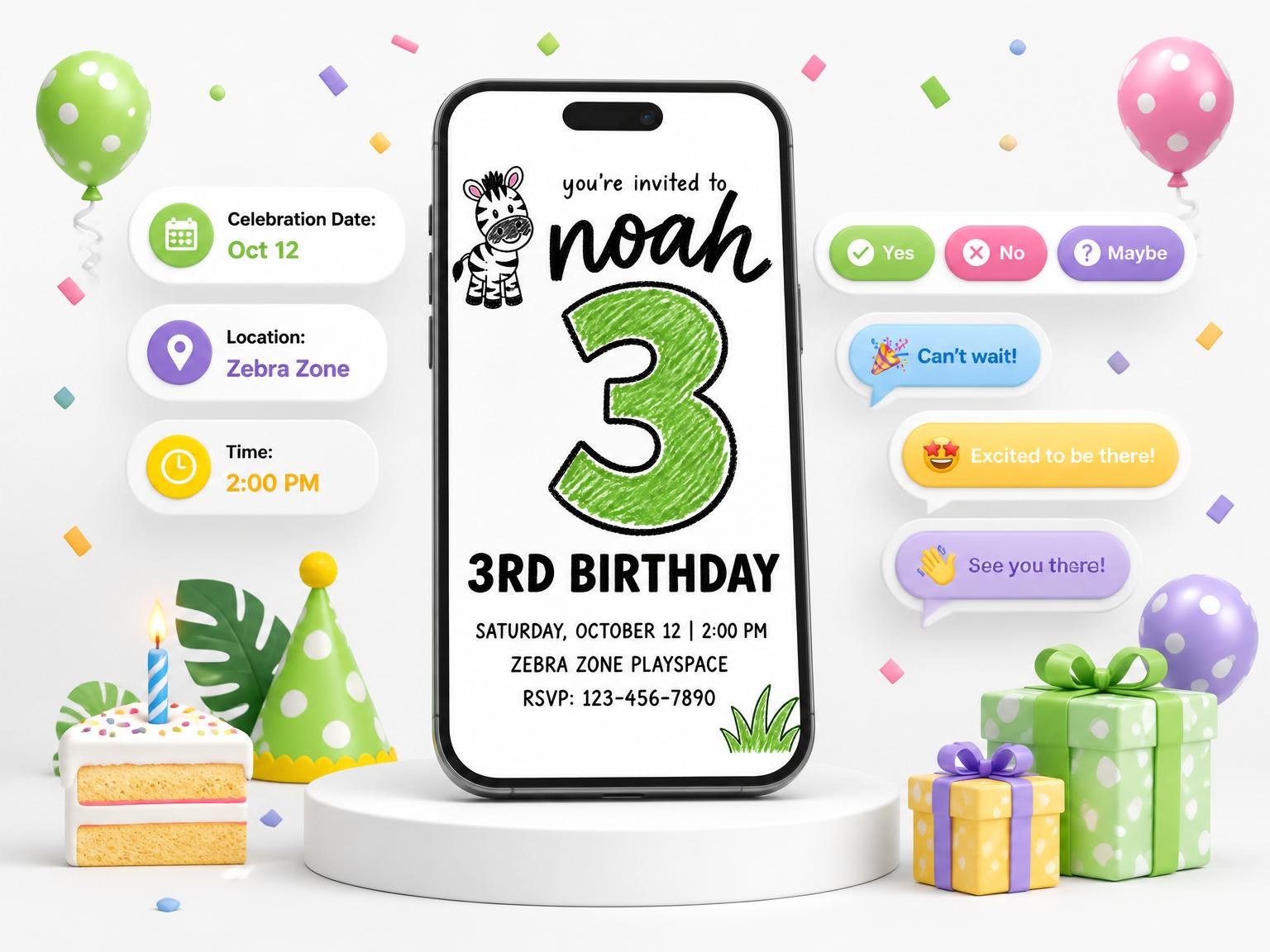 The Crayon Zebra Motif 3rd Birthday invitation on a phone, with guest RSVPs arriving around it