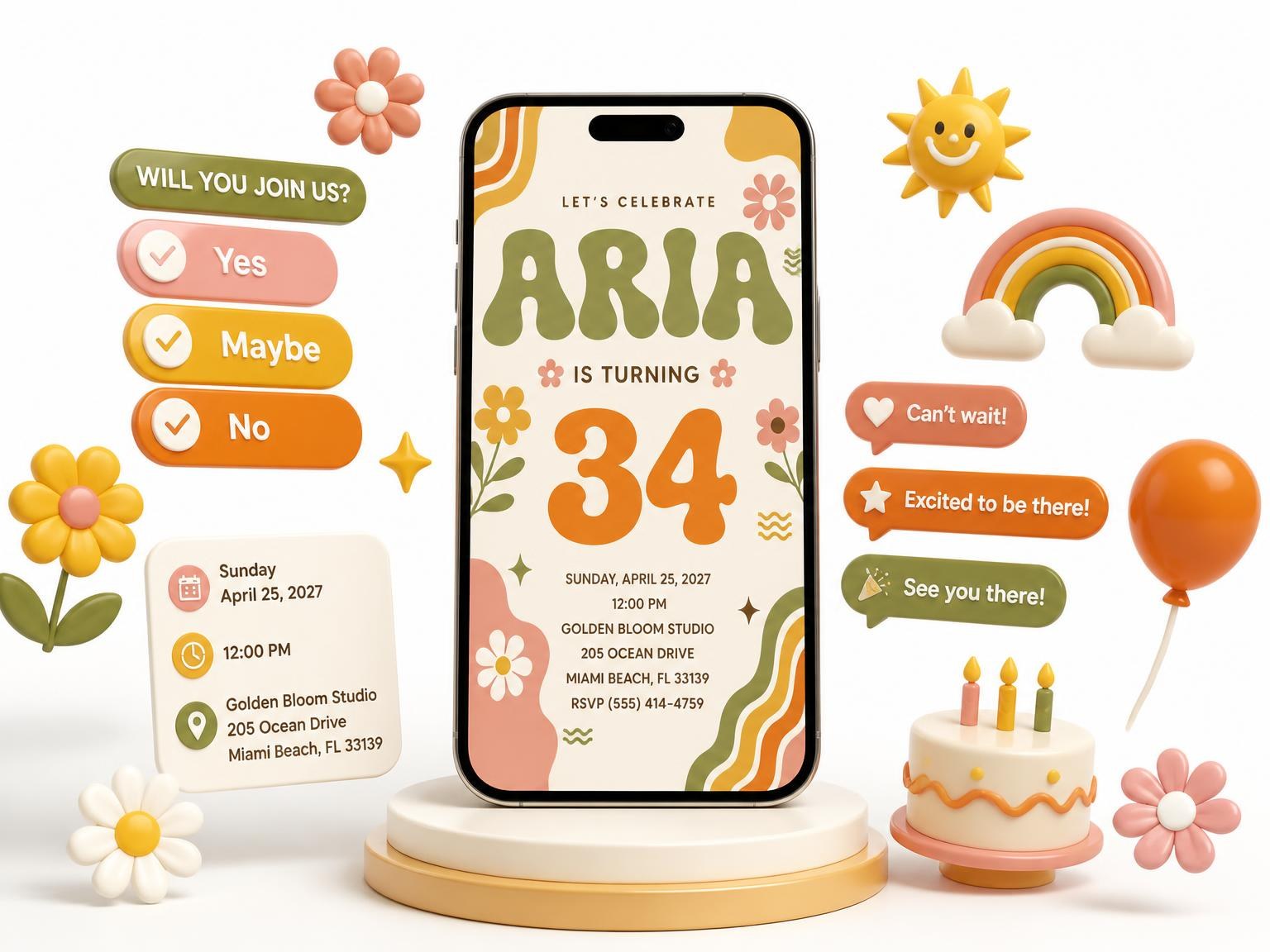 The Groovy Retro 34th Birthday Invitation invitation on a phone, with guest RSVPs arriving around it