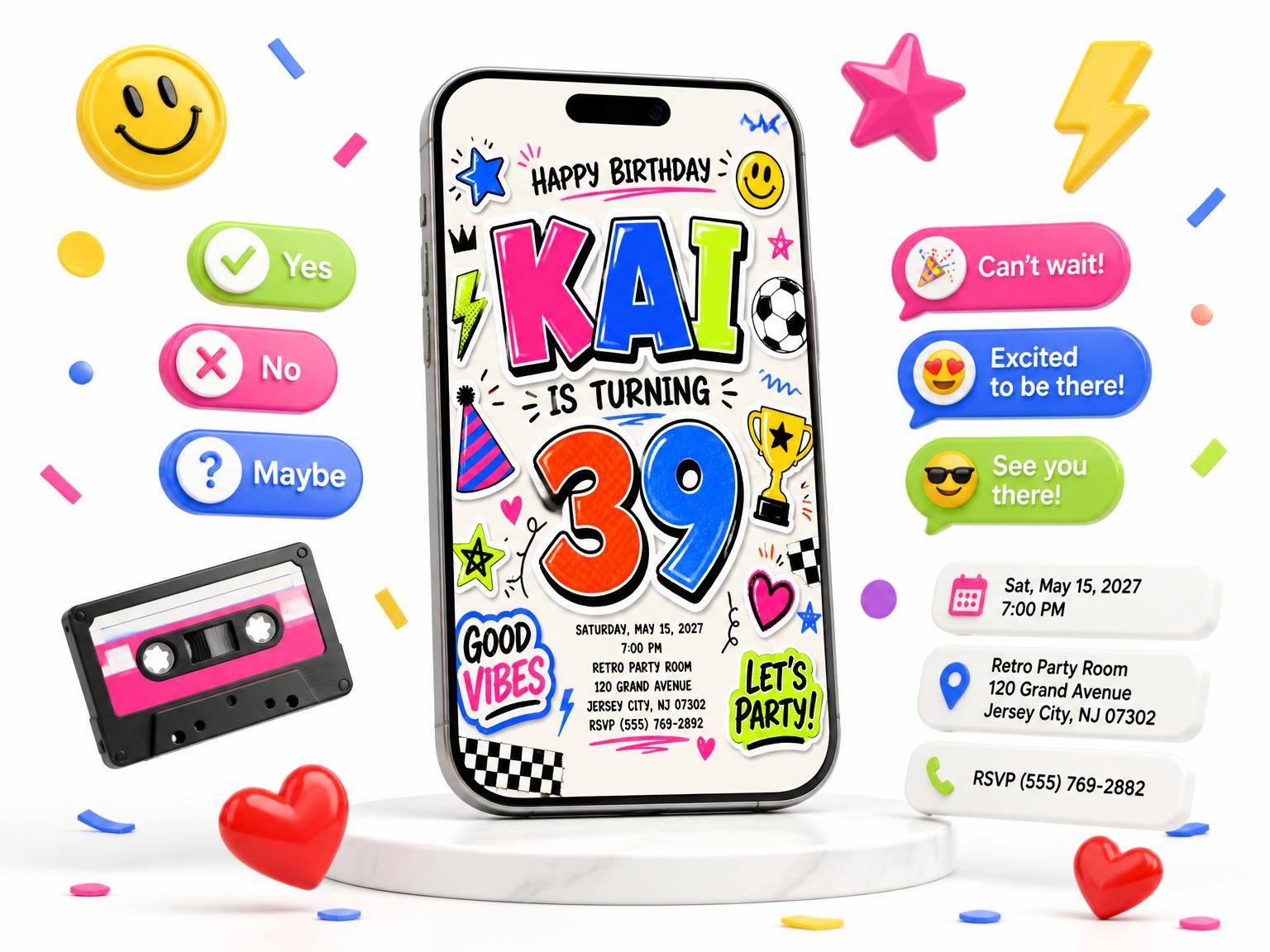 The Sticker Pop 39th Birthday Invitation invitation on a phone, with guest RSVPs arriving around it