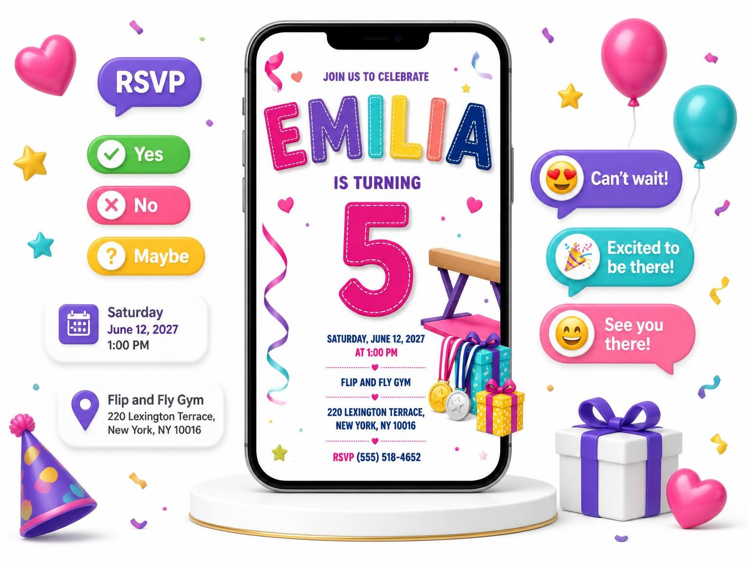 The Balance Beam Stitched 5th Birthday Invitation invitation on a phone, with guest RSVPs arriving around it