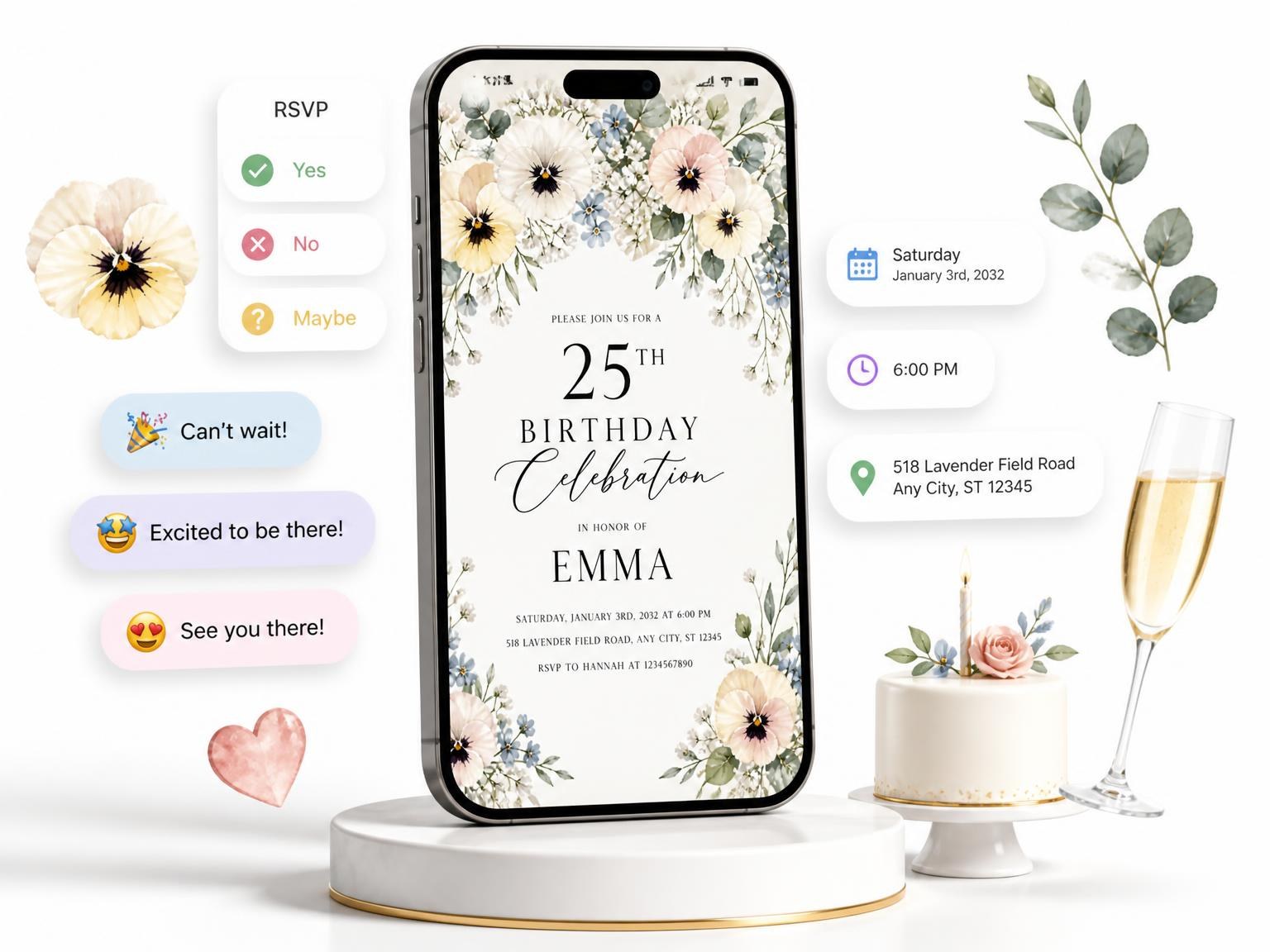 The Ivory Pansy Garden 25th Birthday Invitation invitation on a phone, with guest RSVPs arriving around it