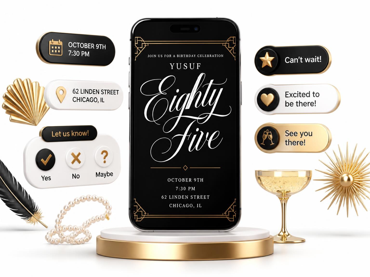 The Art Deco 85th Birthday Invitation invitation on a phone, with guest RSVPs arriving around it