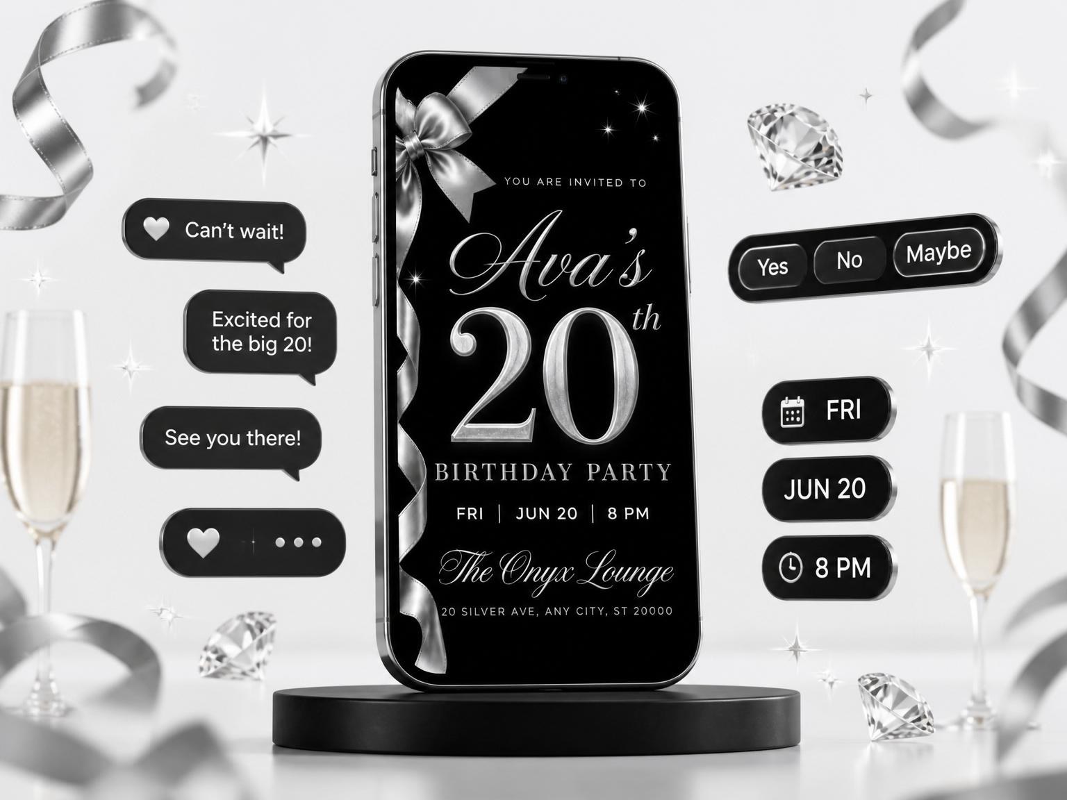 The Silver Ribbon Black 20th Birthday Invitation invitation on a phone, with guest RSVPs arriving around it