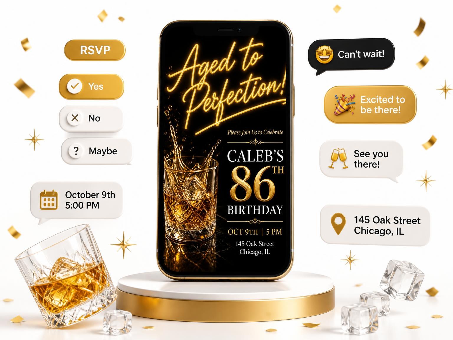 The Whiskey Glass 86th Birthday Invitation invitation on a phone, with guest RSVPs arriving around it