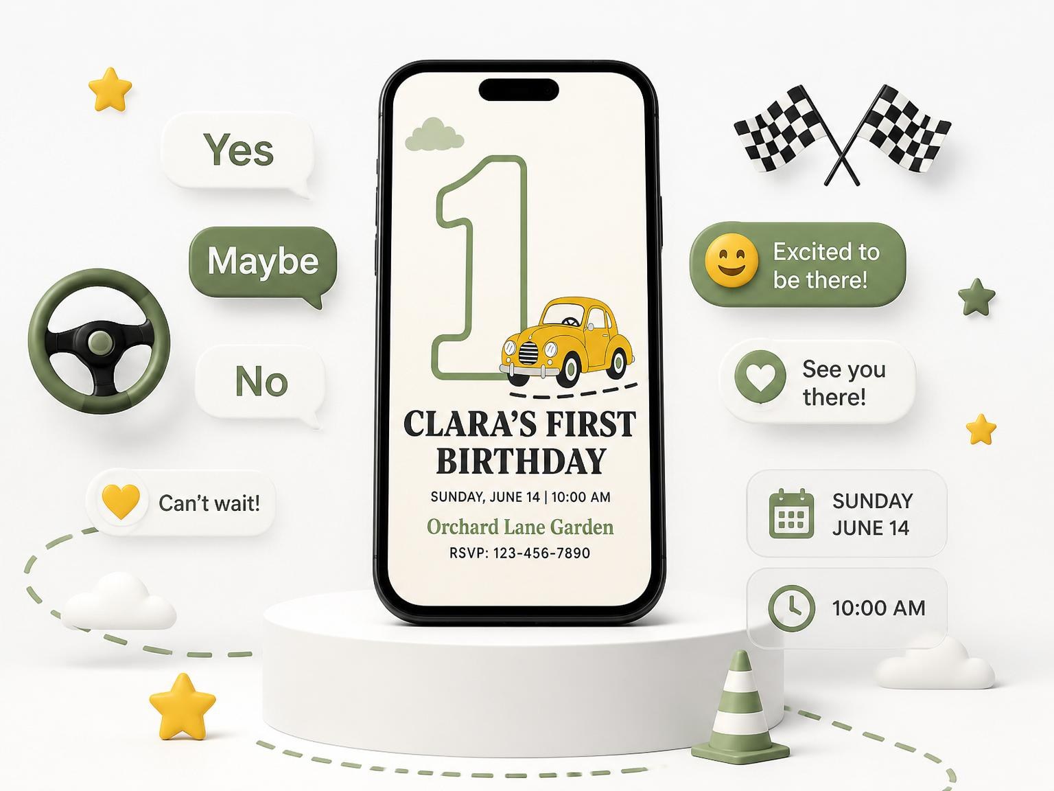 The Retro Yellow Car First Birthday invitation on a phone, with guest RSVPs arriving around it