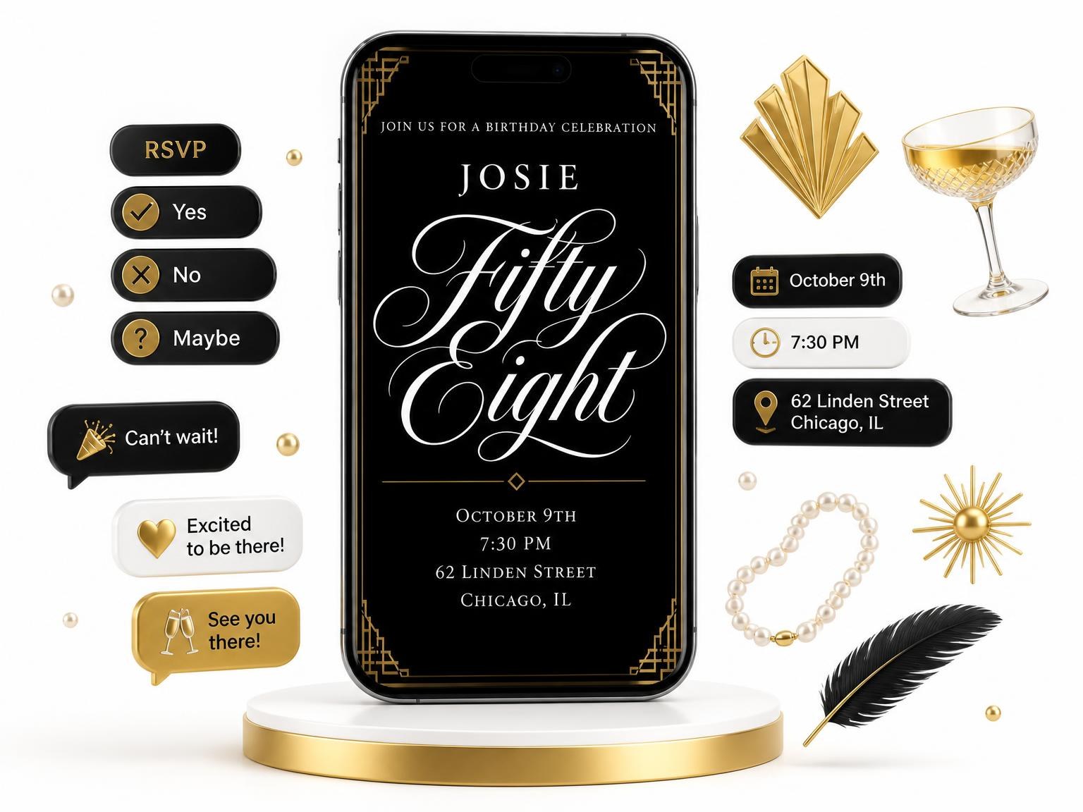 The Art Deco 58th Birthday Invitation invitation on a phone, with guest RSVPs arriving around it