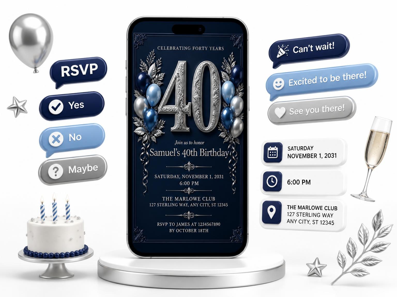 The Navy and Silver 40th Birthday Invitation invitation on a phone, with guest RSVPs arriving around it