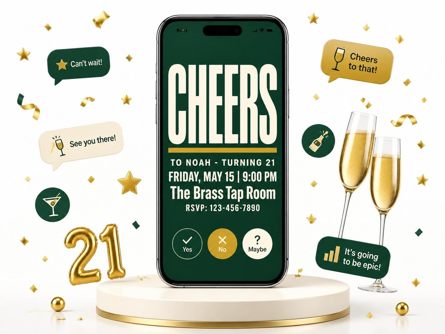 The Forest Green Gold Milestone Birthday invitation on a phone, with guest RSVPs arriving around it
