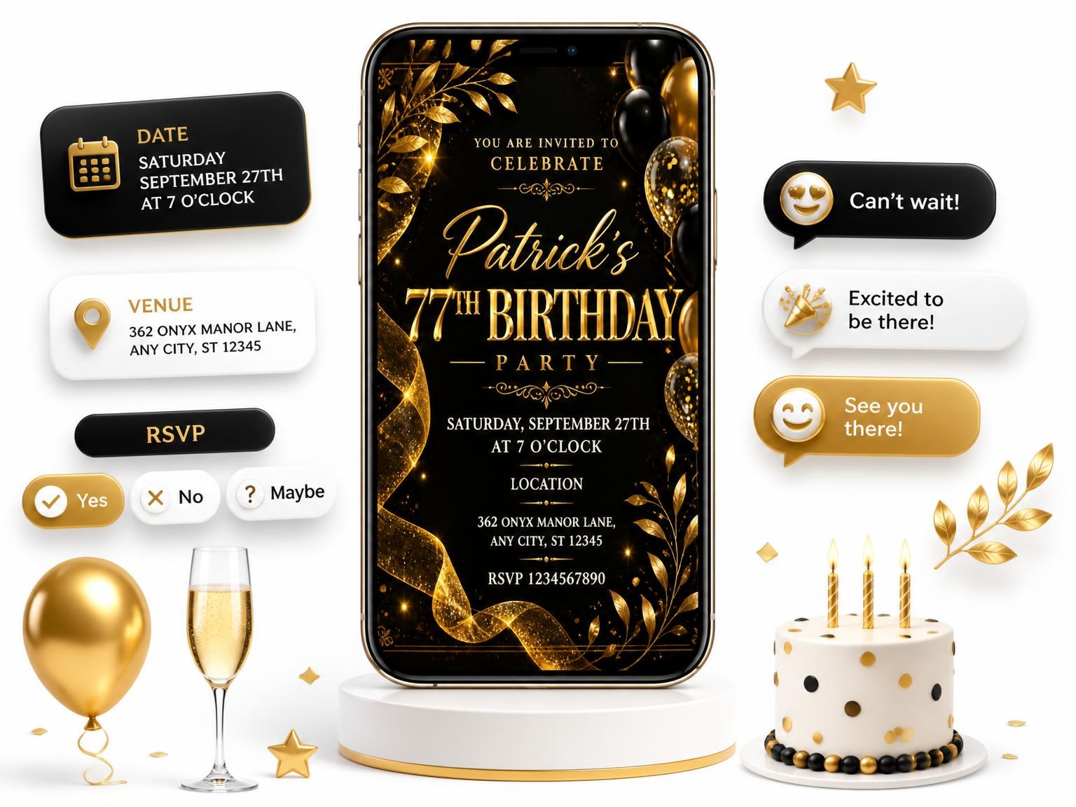 The Black and Gold 77th Birthday Invitation invitation on a phone, with guest RSVPs arriving around it