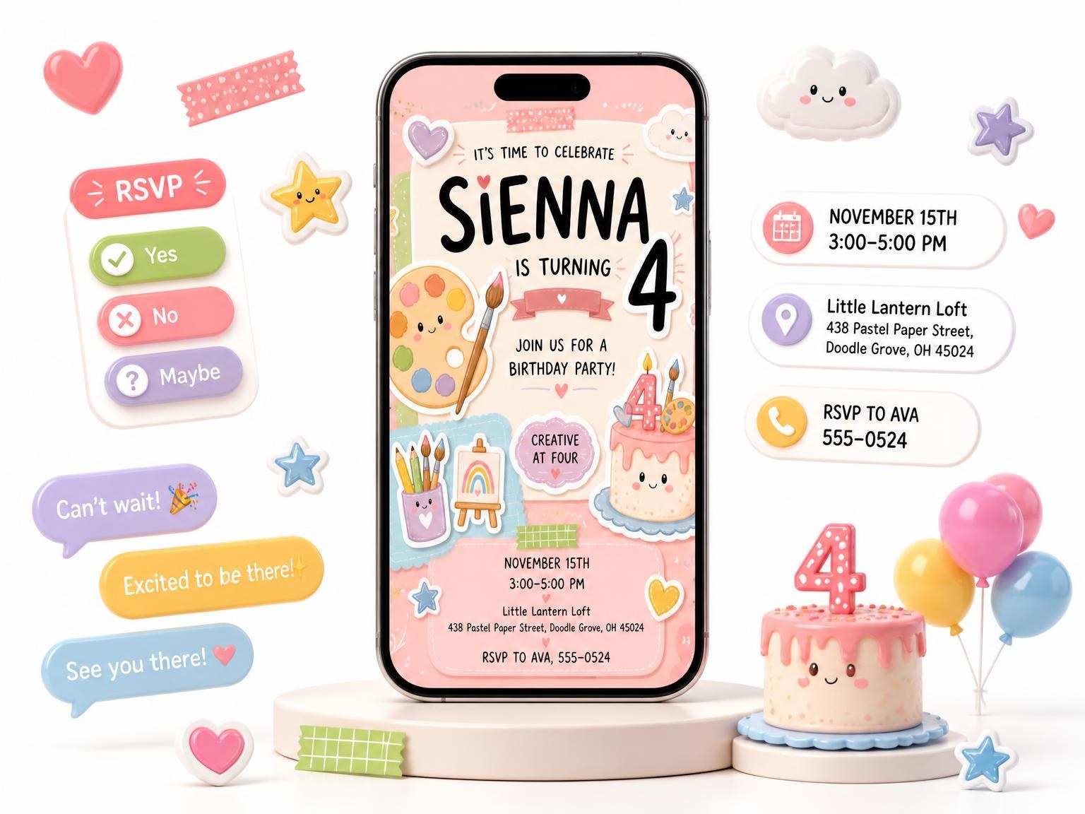 The Paint Palette Pastel 4th Birthday Invitation invitation on a phone, with guest RSVPs arriving around it