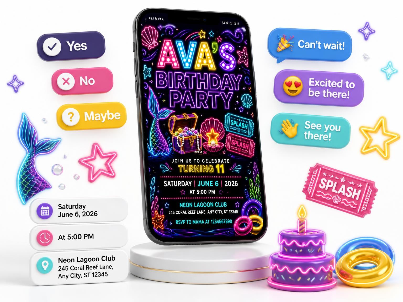 The Neon Mermaid 11th Birthday Invitation invitation on a phone, with guest RSVPs arriving around it