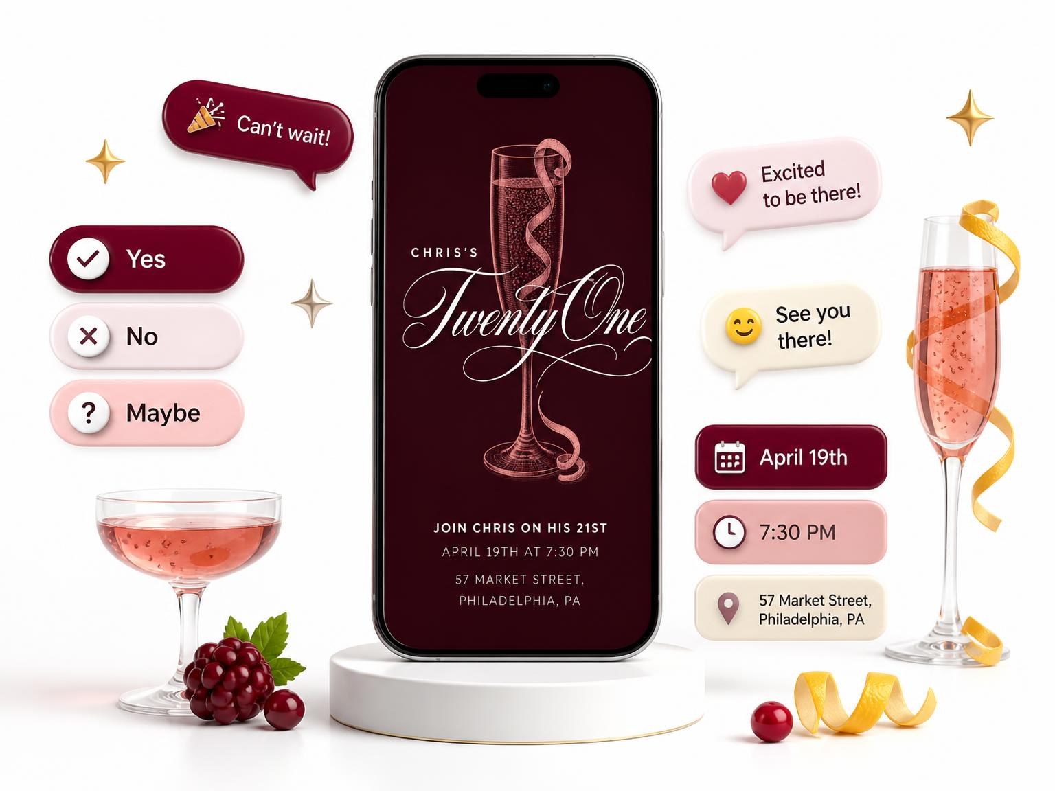 The Burgundy Cocktail 21st Birthday Invitation invitation on a phone, with guest RSVPs arriving around it