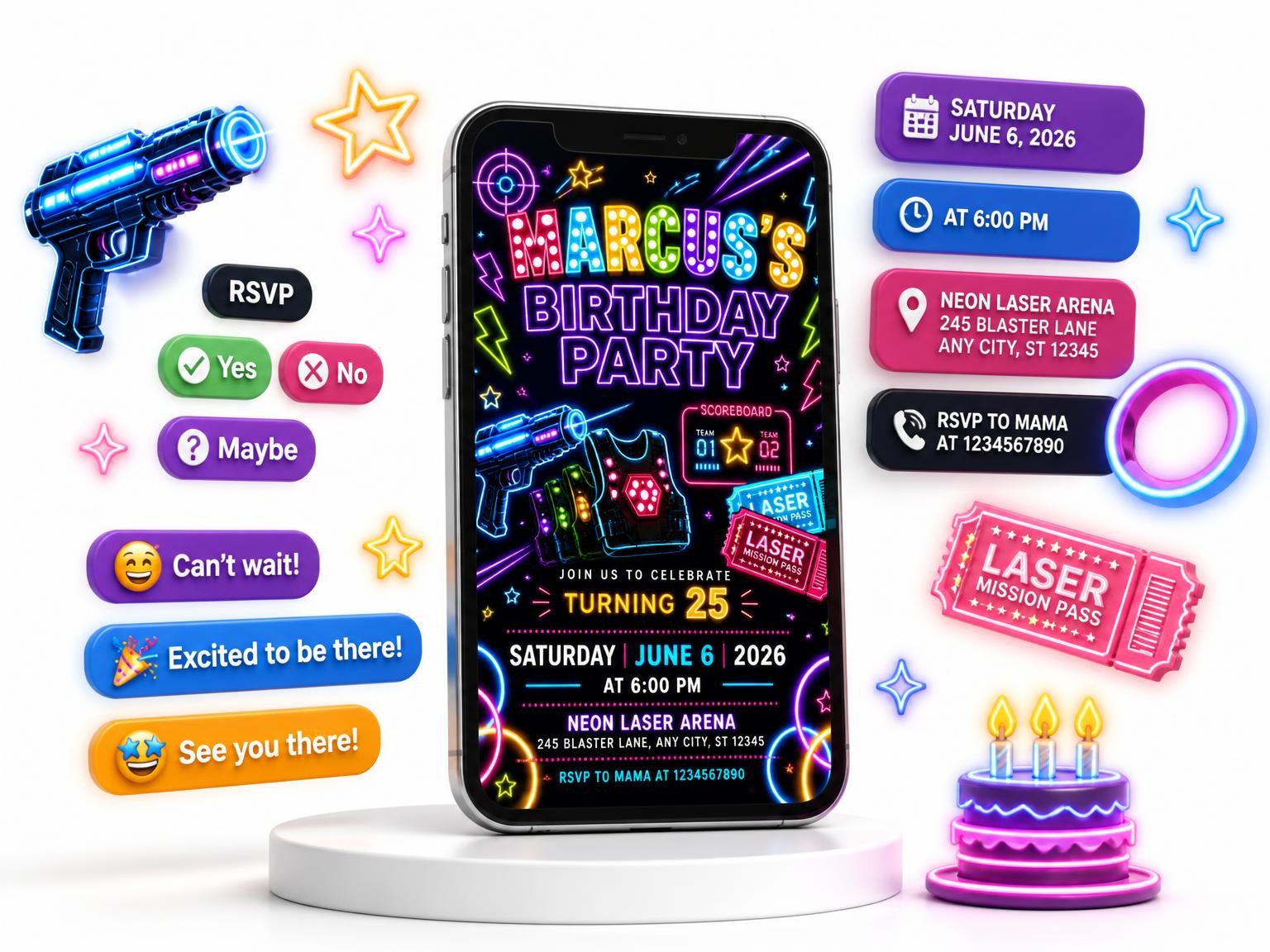 The Neon Laser Tag 25th Birthday Invitation invitation on a phone, with guest RSVPs arriving around it