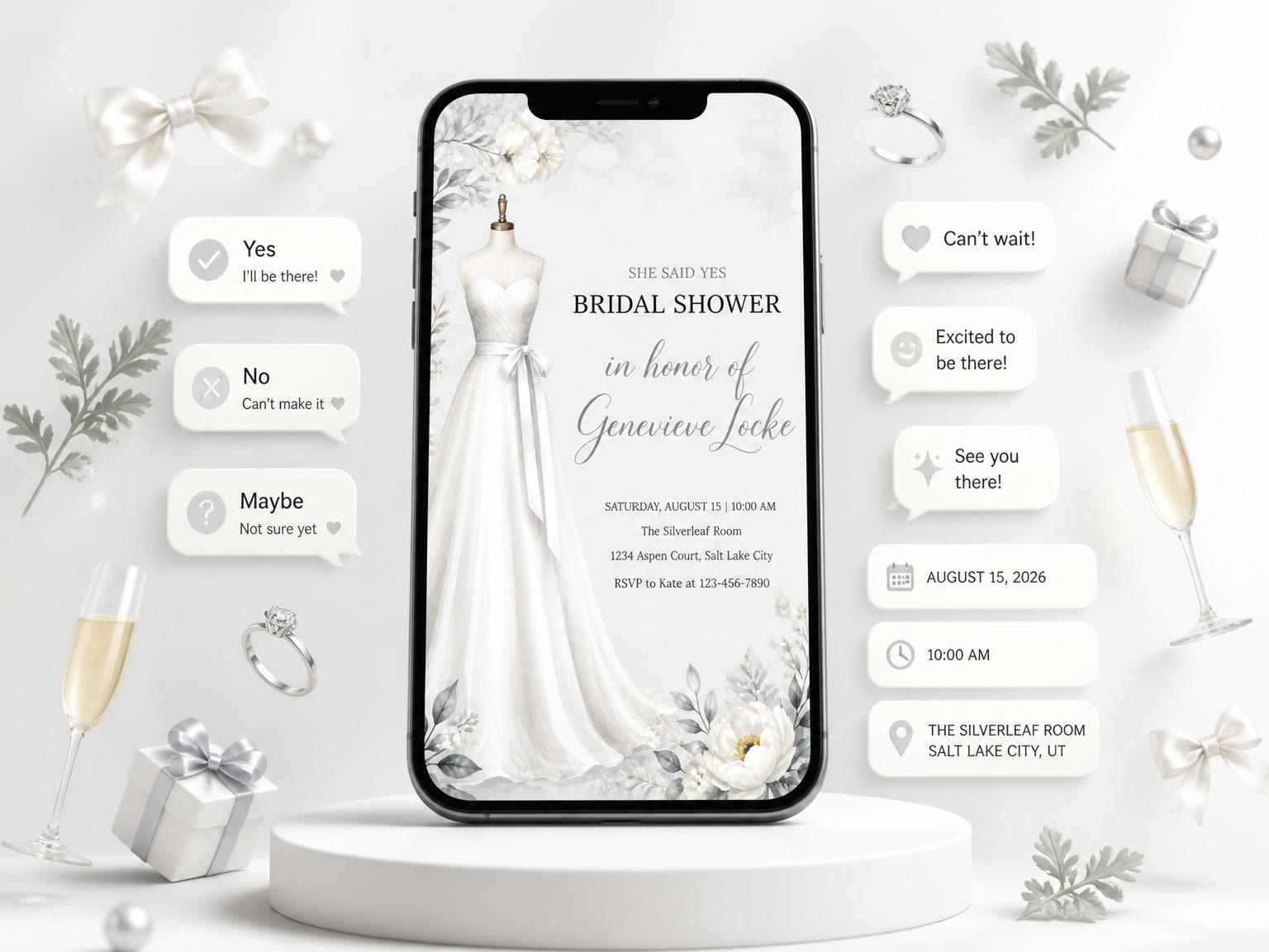The Grey Watercolor Mannequin Bridal Shower invitation on a phone, with guest RSVPs arriving around it