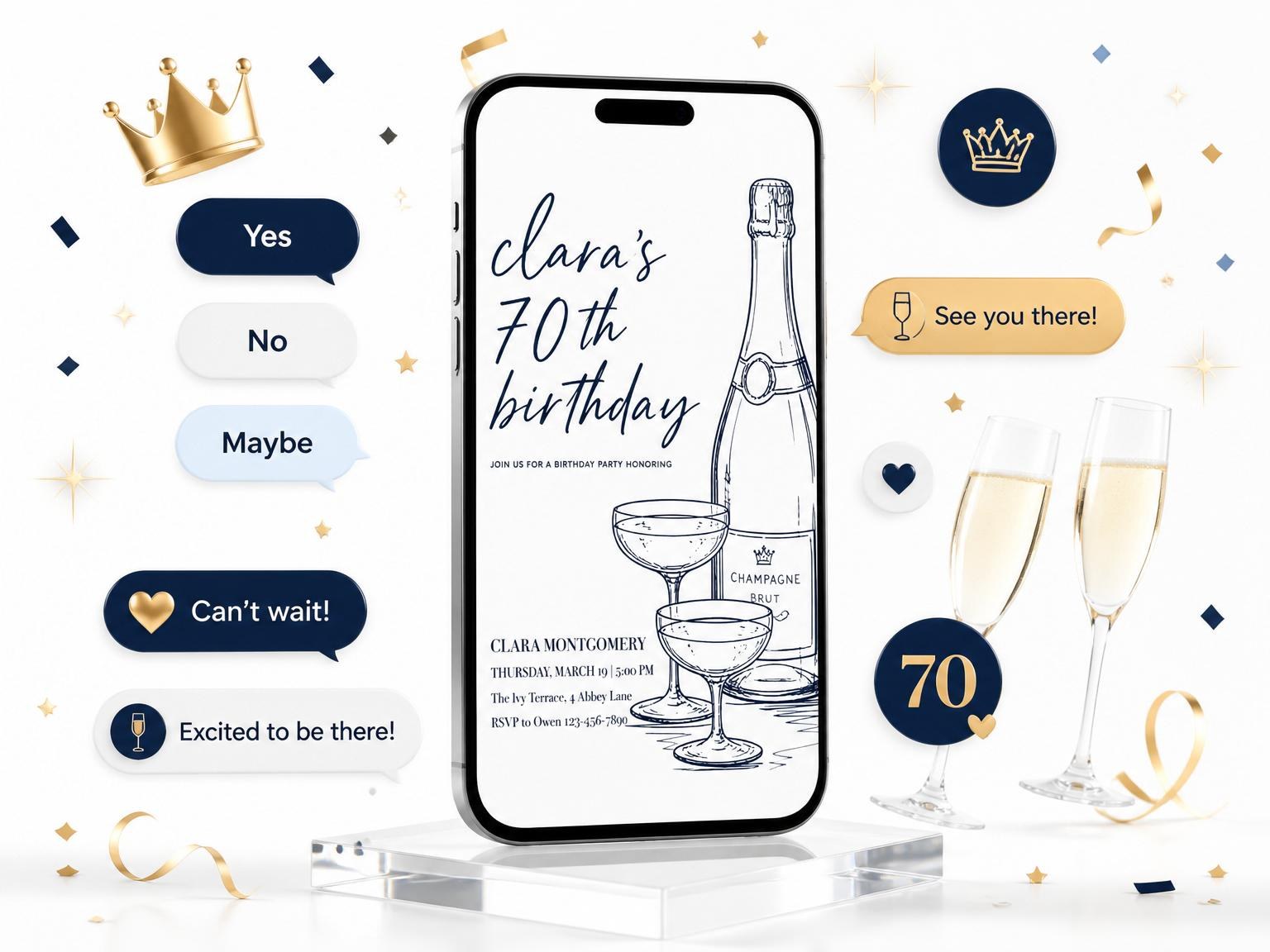 The Navy Ink Champagne Birthday Invitation invitation on a phone, with guest RSVPs arriving around it