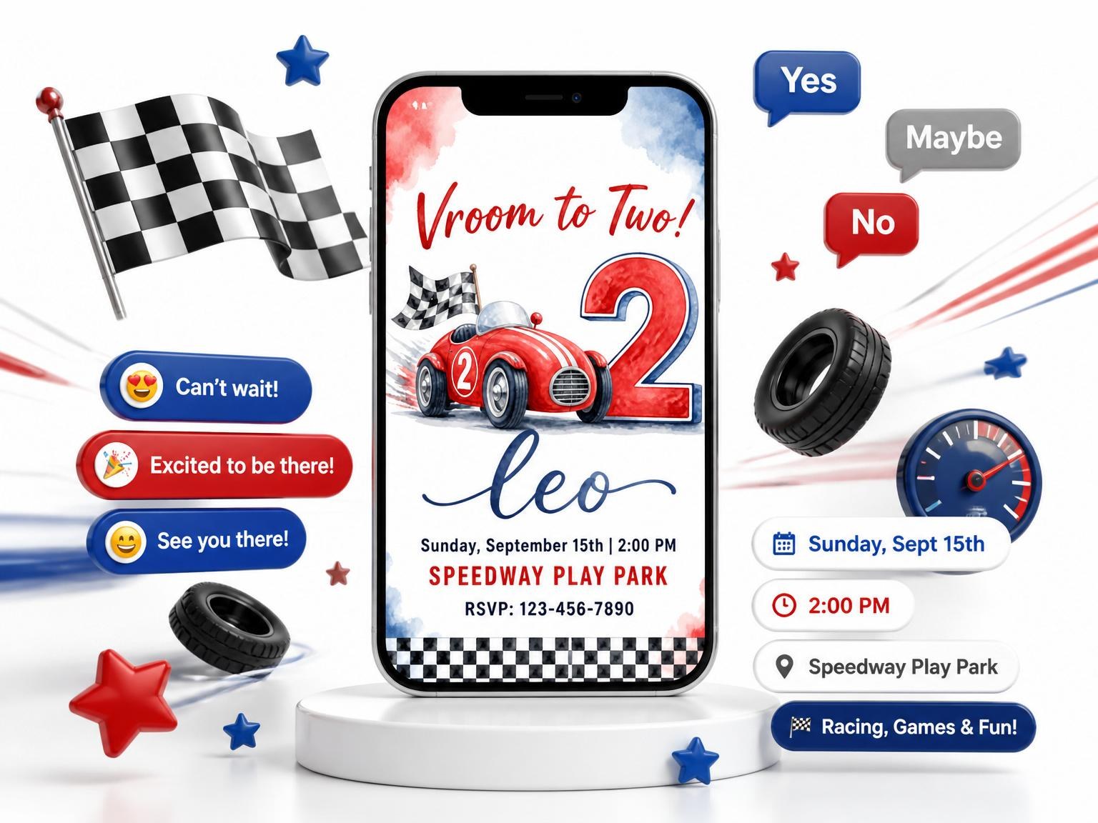 The Red Watercolor Race Car 2nd Birthday invitation on a phone, with guest RSVPs arriving around it