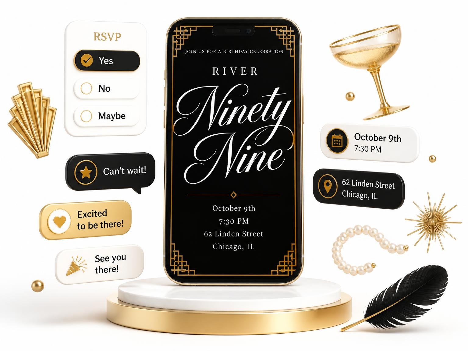 The Art Deco 99th Birthday Invitation invitation on a phone, with guest RSVPs arriving around it