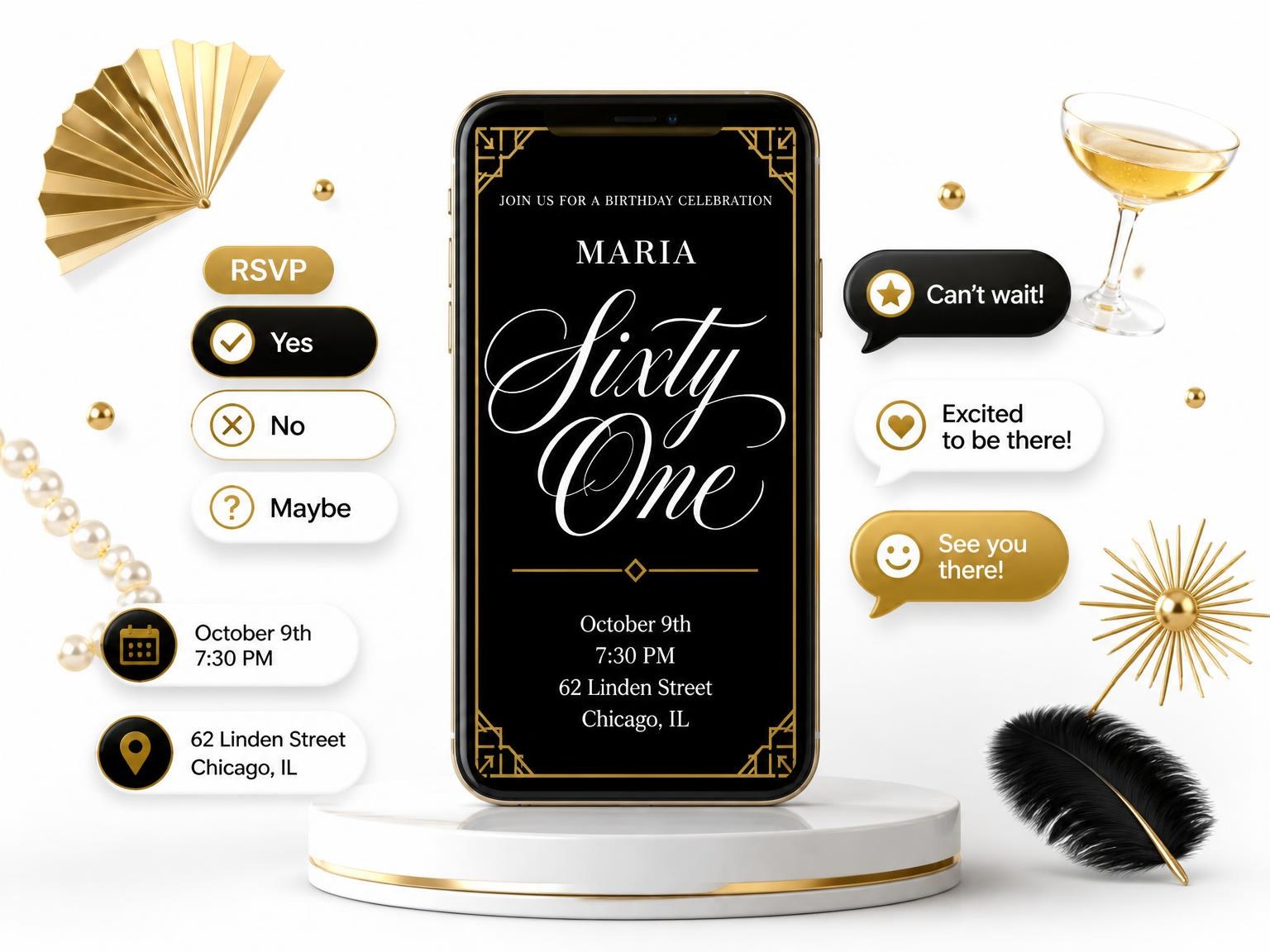 The Art Deco 61st Birthday Invitation invitation on a phone, with guest RSVPs arriving around it